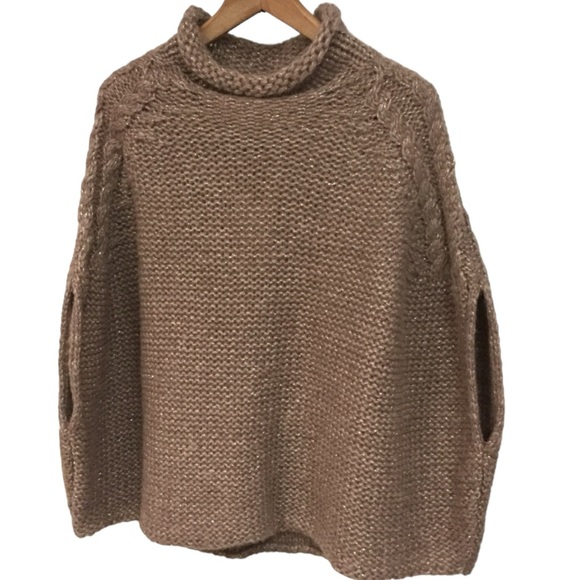 COCOGIO OSFM Poncho Chunky Knit Metallic Threads Italy Wool...